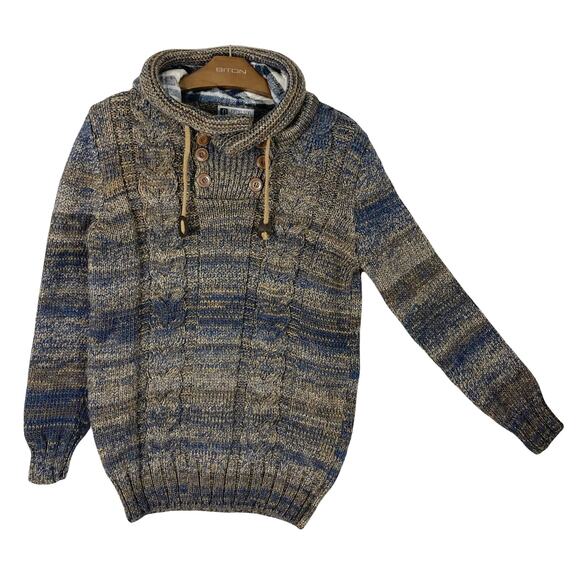 NWOT LEIF NELSON Hoodie Sweater L Aztec Cable-Knit Mock-Neck Drawstring Wool - Picture 2 of 14